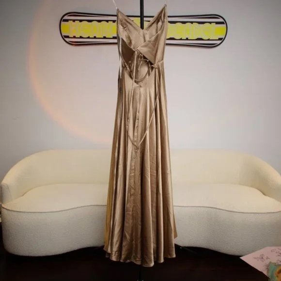 Faviana Gold Satin Charmeuse A-line Gown - Picture 5 of 6